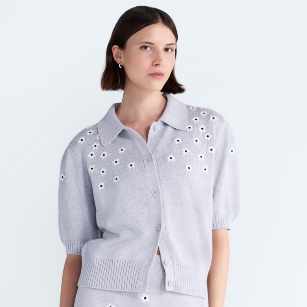 Free Assembly Gray Floral Embroidered Polo Medium Cardigan Sweater Puff Sleeve